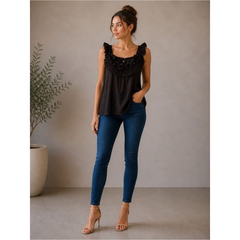 DownEast Black Ruffled Blouse